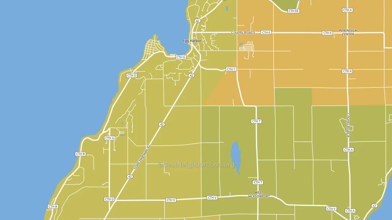 Map of the best neighborhoods in the Egg Harbor area, with better matches in green and worse matches in red