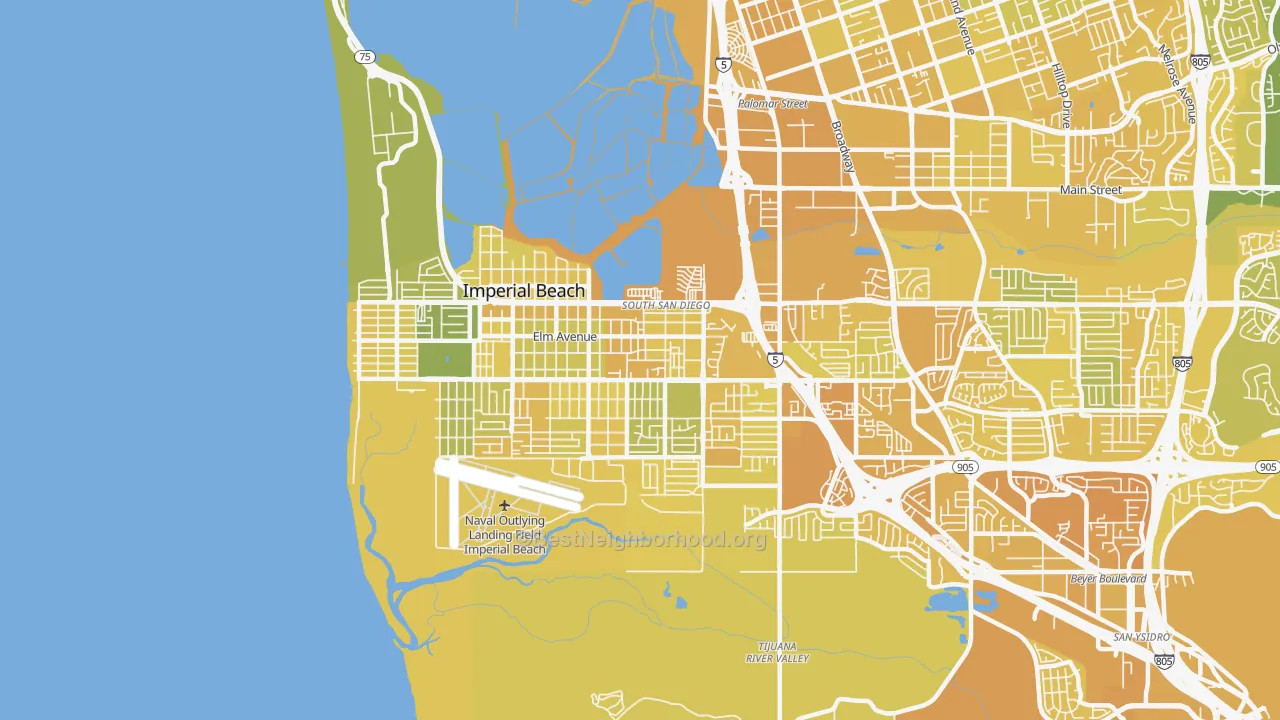 Map of the best neighborhoods in the Egger Highlands, San Diego area, with better matches in green and worse matches in red