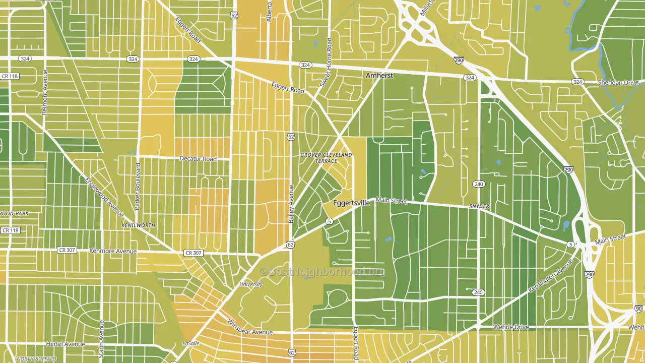 Map of the best neighborhoods in the Eggertsville area, with better matches in green and worse matches in red