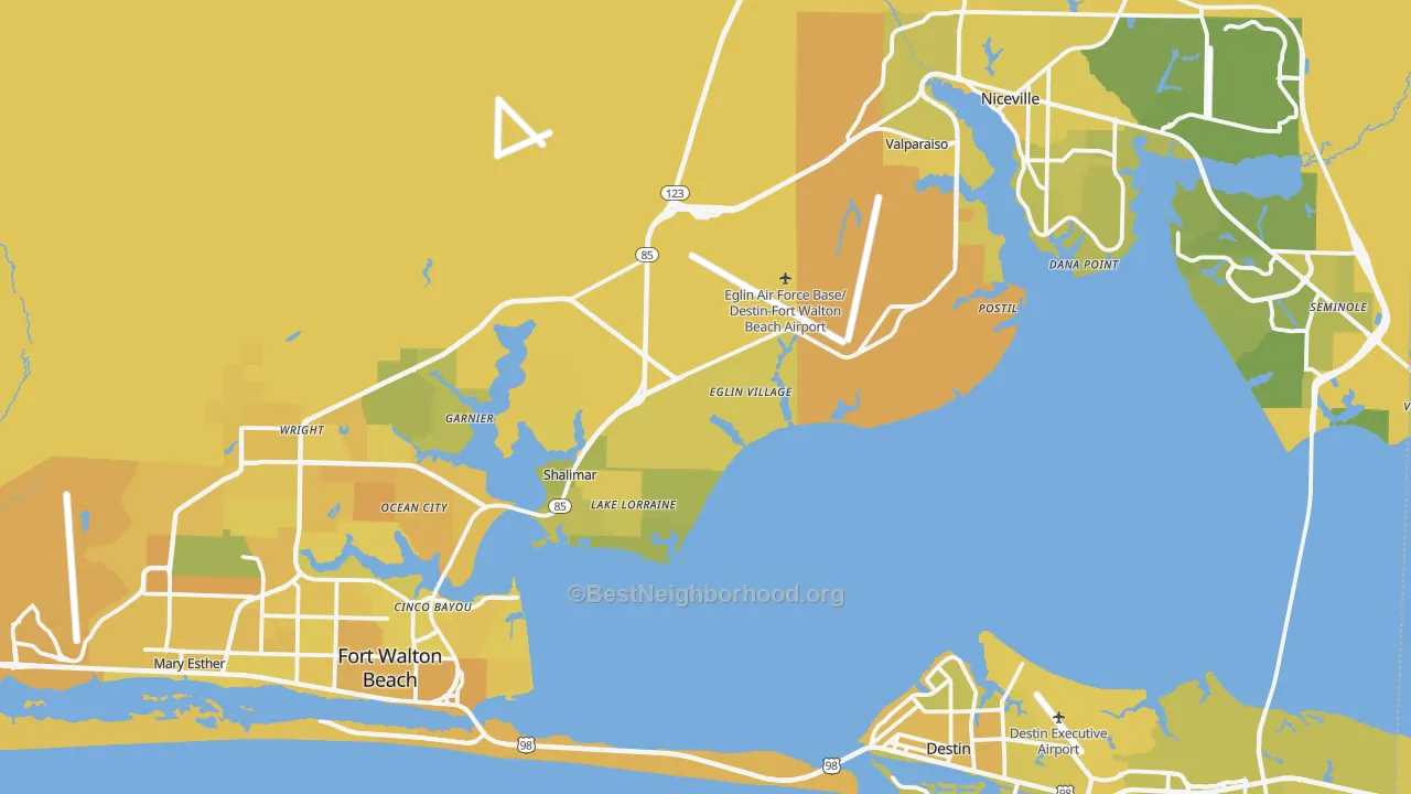 Map of the best neighborhoods in the Eglin Afb area, with better matches in green and worse matches in red