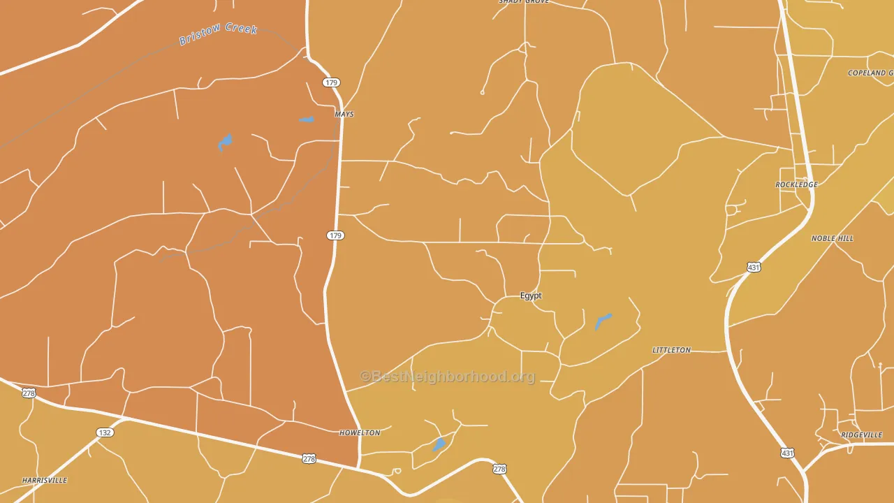 Map of the best neighborhoods in the Egypt area, with better matches in green and worse matches in red