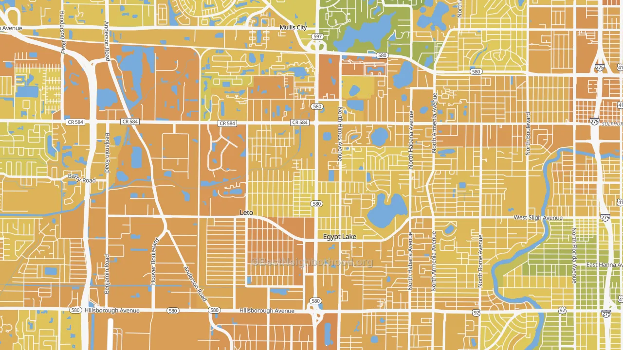Map of the best neighborhoods in the Egypt Lake-Leto area, with better matches in green and worse matches in red