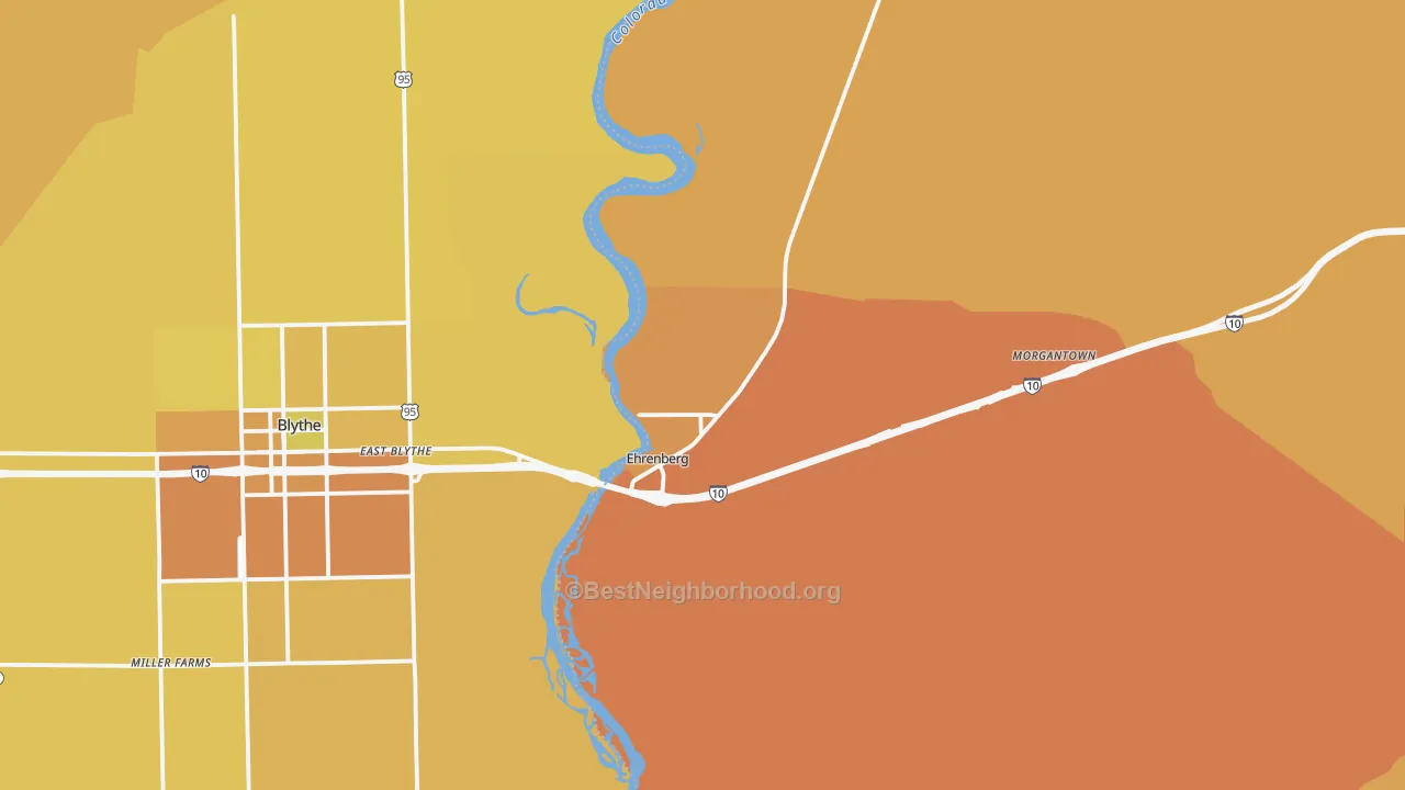 Map of the best neighborhoods in the Ehrenberg area, with better matches in green and worse matches in red
