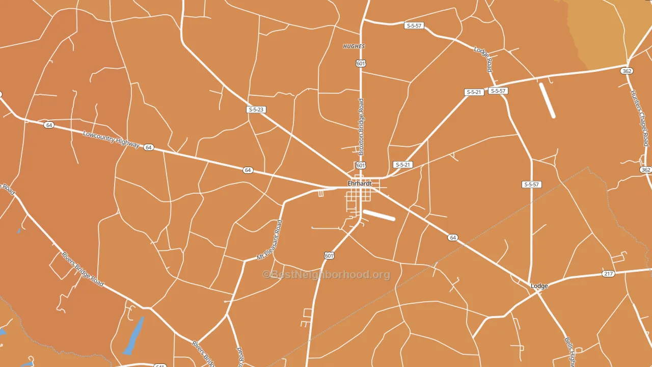 Map of the best neighborhoods in the Ehrhardt area, with better matches in green and worse matches in red