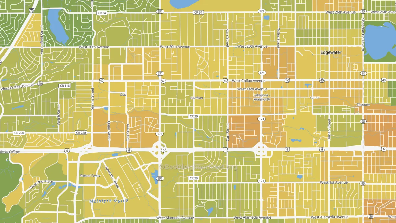 Map of the best neighborhoods in the Eiber, Lakewood area, with better matches in green and worse matches in red
