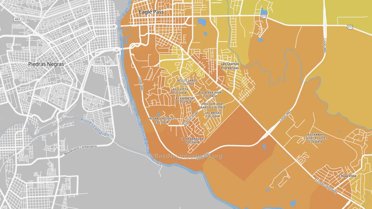 Map of the best neighborhoods in the Eidson Road area, with better matches in green and worse matches in red