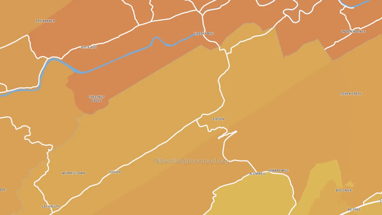 Map of the best neighborhoods in the Eidson area, with better matches in green and worse matches in red