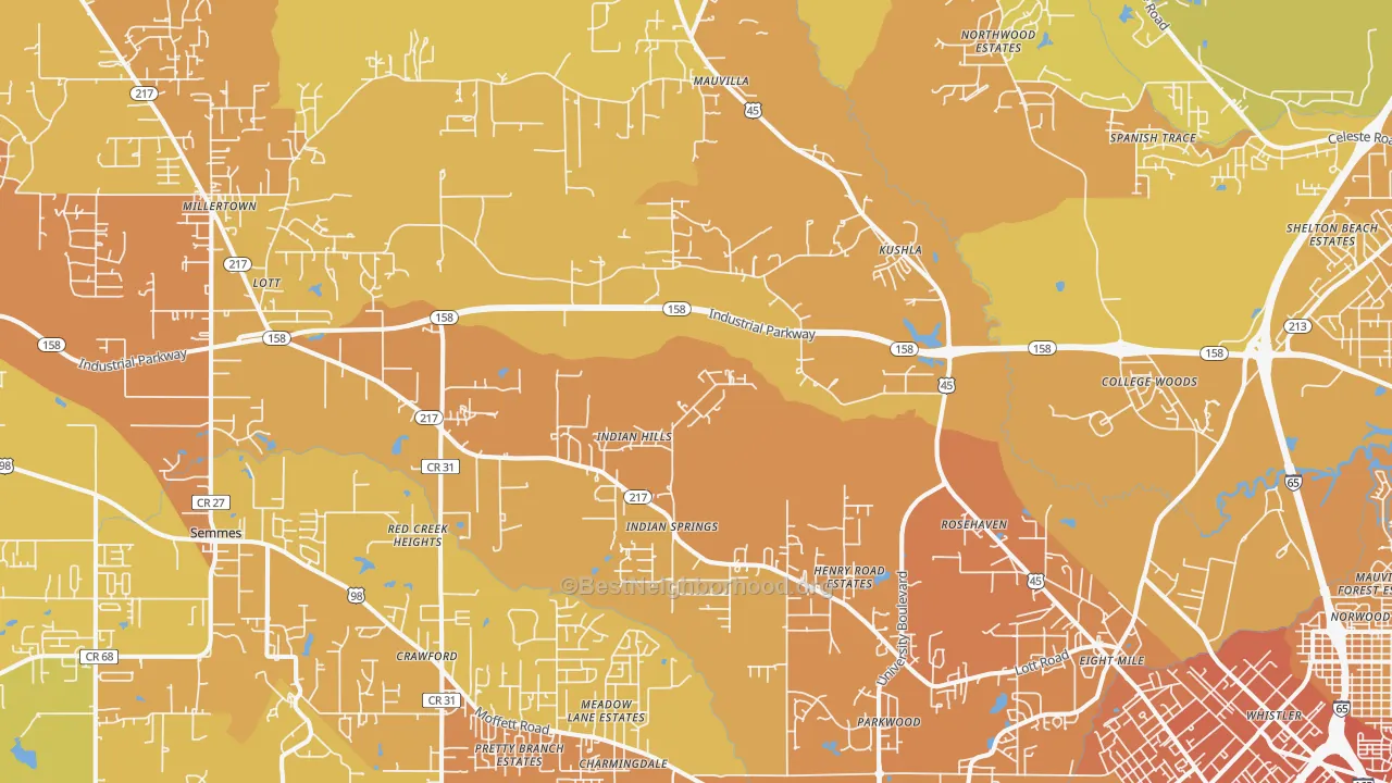 Map of the best neighborhoods in the Eight Mile area, with better matches in green and worse matches in red