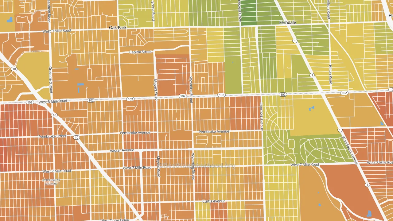 Map of the best neighborhoods in the Eight Mile Wyoming, Detroit area, with better matches in green and worse matches in red