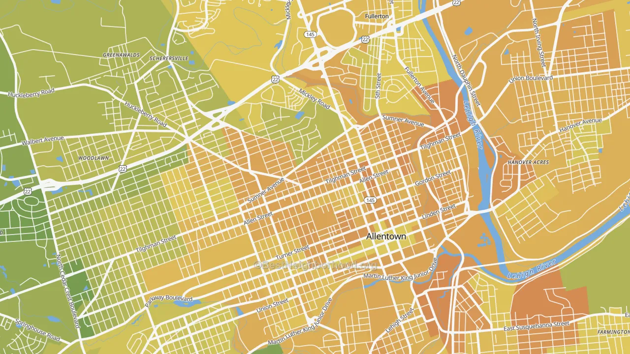Map of the best neighborhoods in the Eighth Ward, Allentown area, with better matches in green and worse matches in red