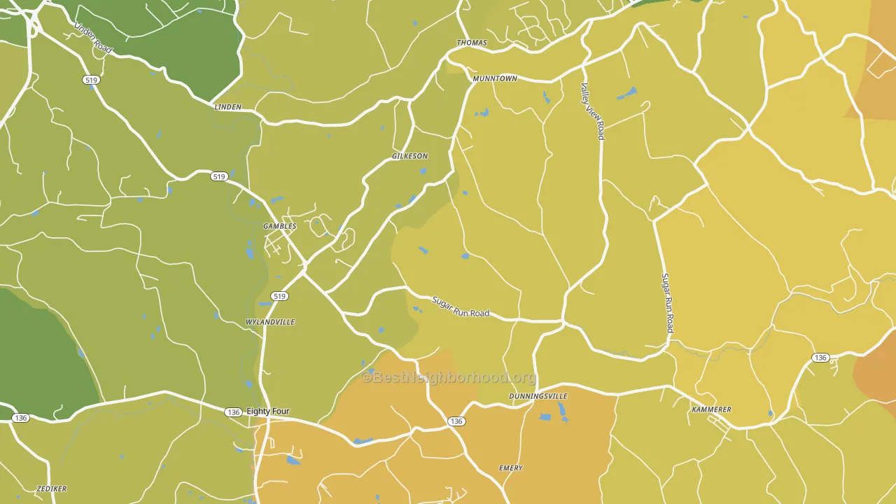 Map of the best neighborhoods in the Eighty Four area, with better matches in green and worse matches in red