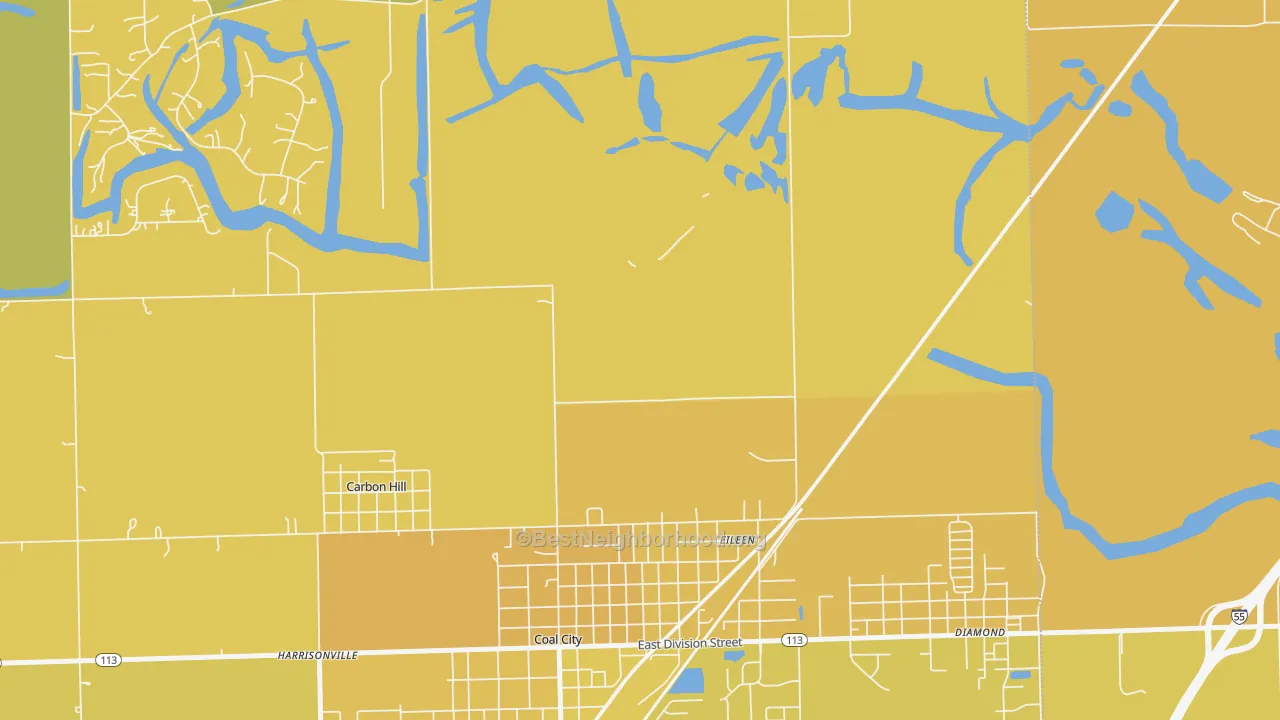 Map of the best neighborhoods in the Eileen area, with better matches in green and worse matches in red