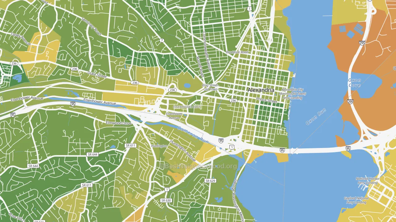 Map of the best neighborhoods in the Eisenhower East, Alexandria area, with better matches in green and worse matches in red