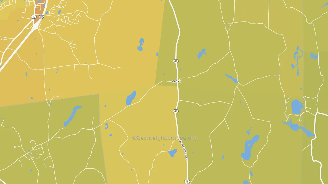 Map of the best neighborhoods in the Ekonk area, with better matches in green and worse matches in red