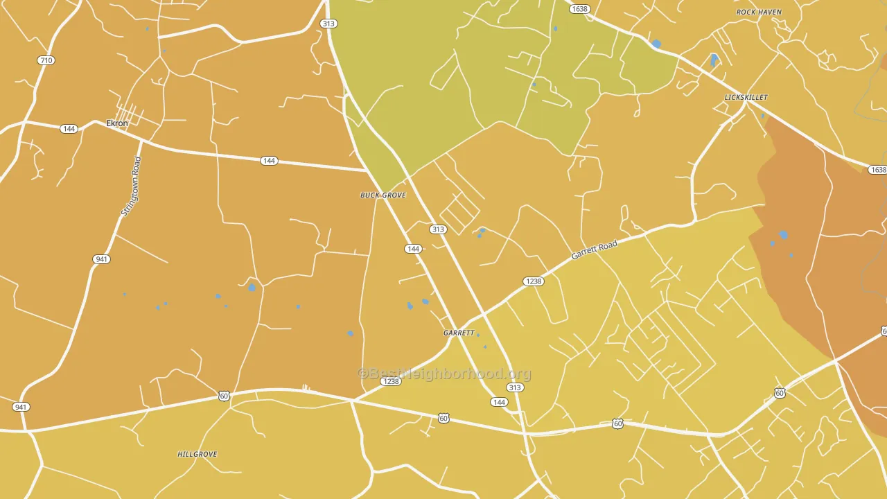 Map of the best neighborhoods in the Ekron area, with better matches in green and worse matches in red