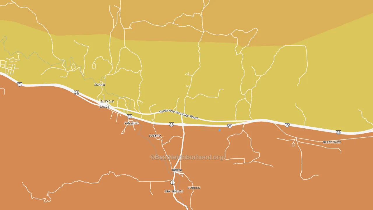 Map of the best neighborhoods in the El Ancon area, with better matches in green and worse matches in red