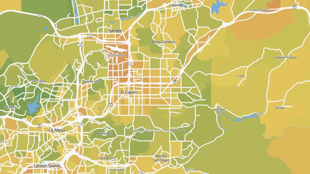 Map of the best neighborhoods in the El Cajon area, with better matches in green and worse matches in red