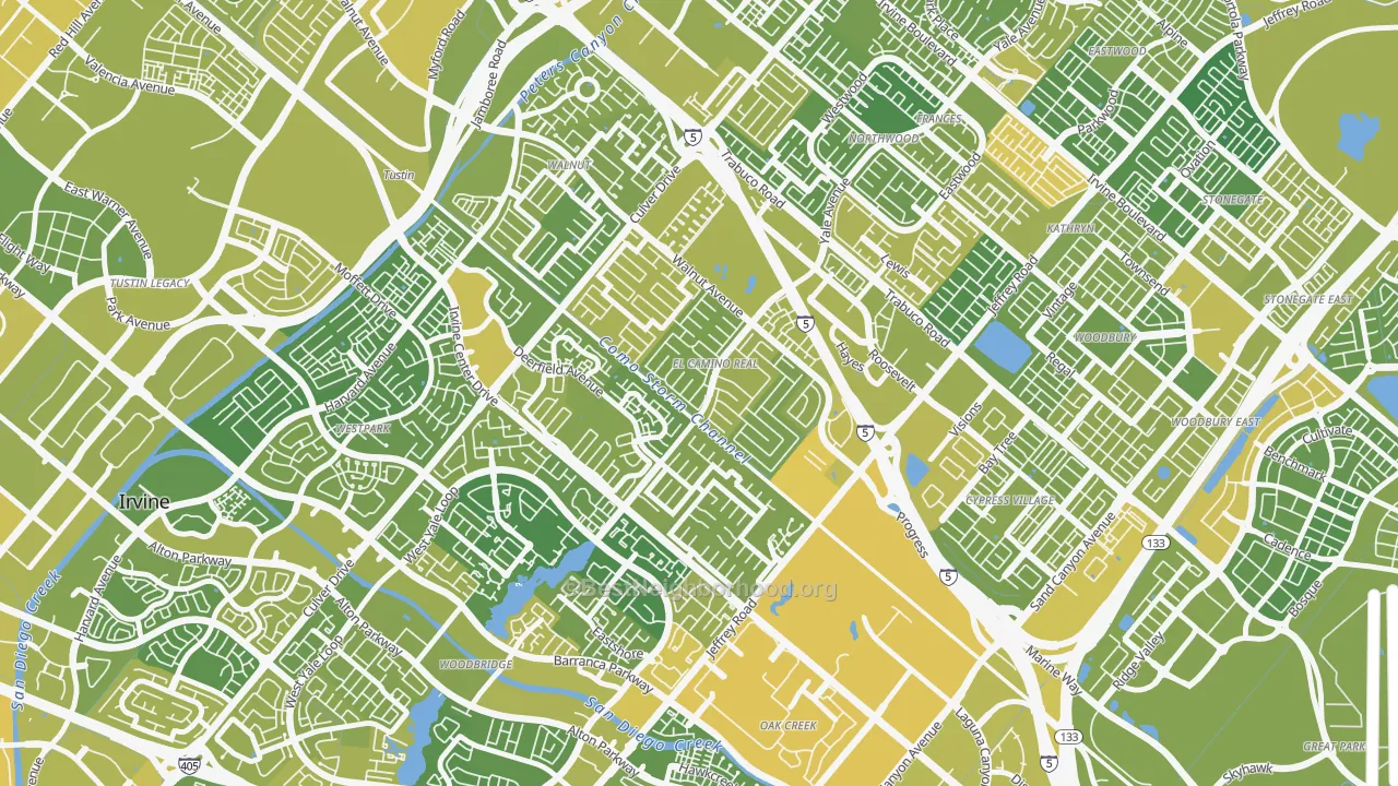 Map of the best neighborhoods in the El Camino Real, Irvine area, with better matches in green and worse matches in red