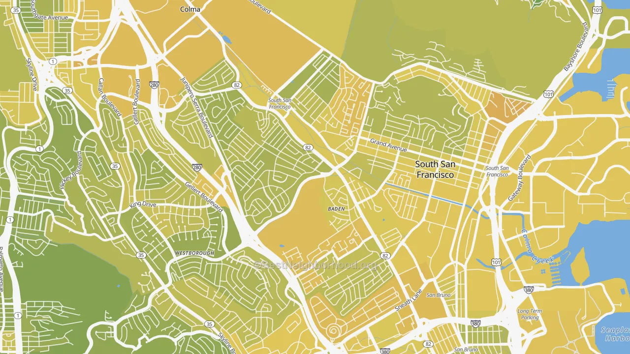 Map of the best neighborhoods in the El Camino, South San Francisco area, with better matches in green and worse matches in red