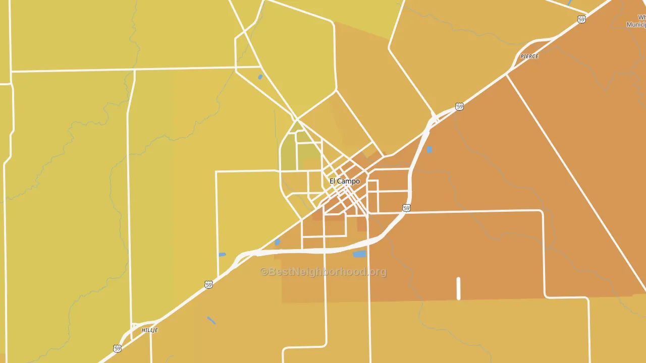 Map of the best neighborhoods in the El Campo area, with better matches in green and worse matches in red