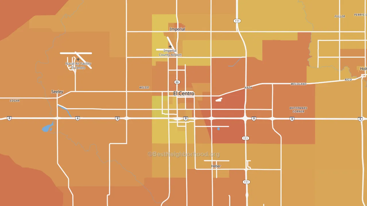 Map of the best neighborhoods in the El Centro Metro area, with better matches in green and worse matches in red