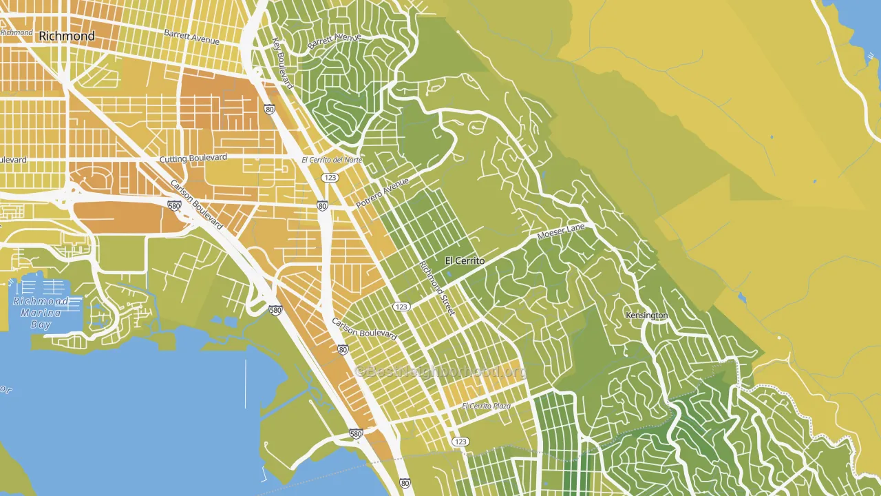 Map of the best neighborhoods in the El Cerrito area, with better matches in green and worse matches in red