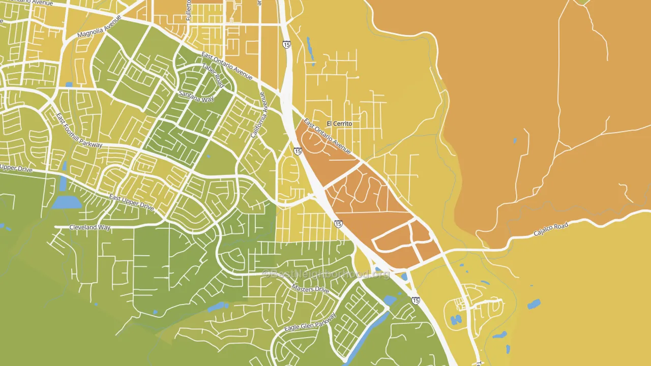 Map of the best neighborhoods in the El Cerrito, Corona area, with better matches in green and worse matches in red