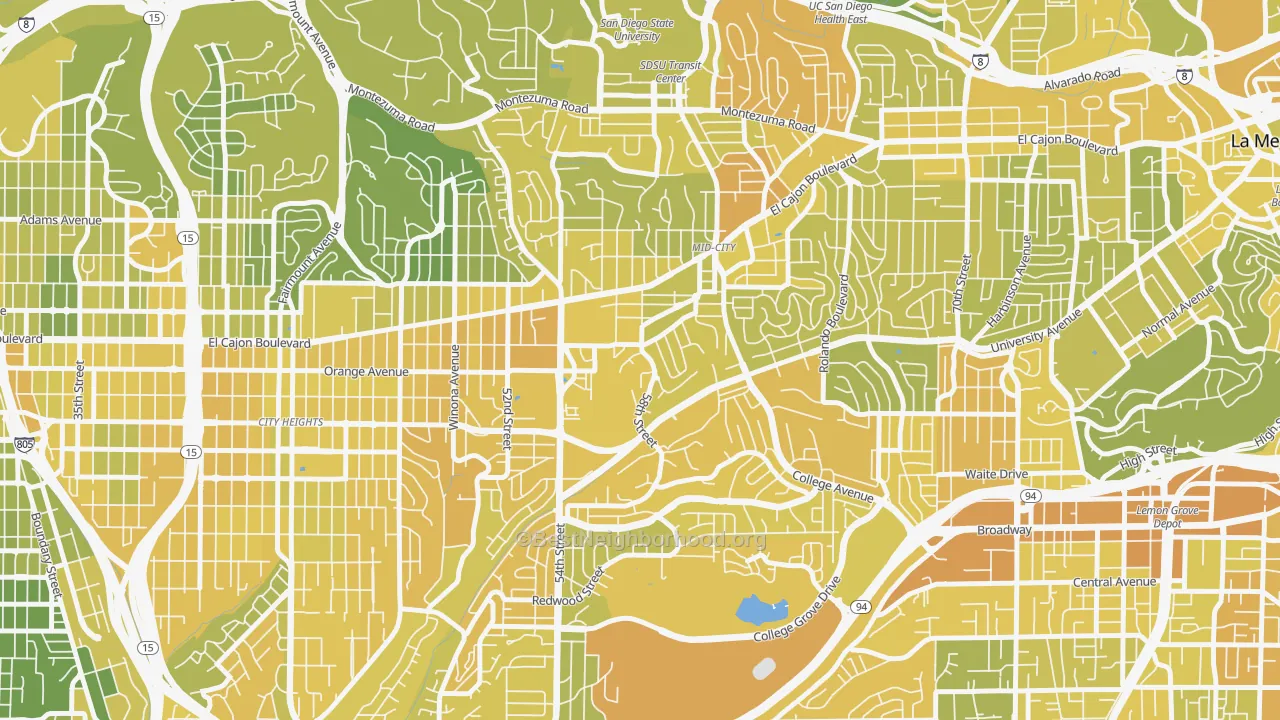 Map of the best neighborhoods in the El Cerritos, San Diego area, with better matches in green and worse matches in red