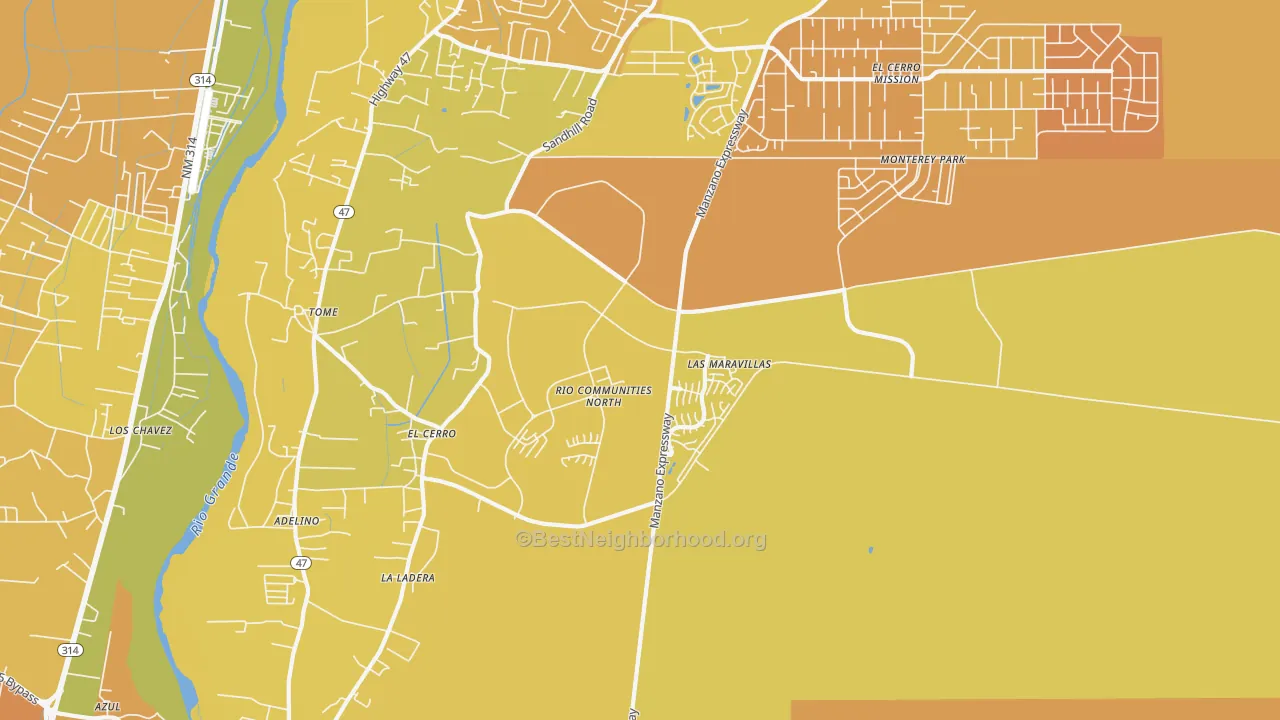 Map of the best neighborhoods in the El Cerro area, with better matches in green and worse matches in red