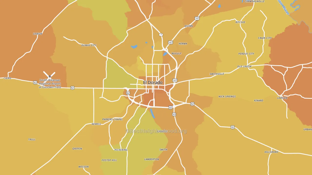 Map of the best neighborhoods in the El Dorado area, with better matches in green and worse matches in red