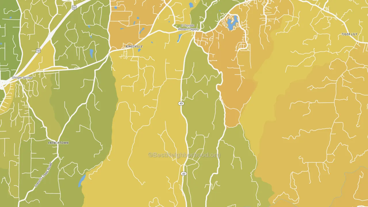 Map of the best neighborhoods in the El Dorado area, with better matches in green and worse matches in red
