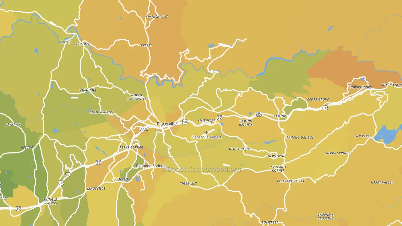 Map of the best neighborhoods in the El Dorado County area, with better matches in green and worse matches in red