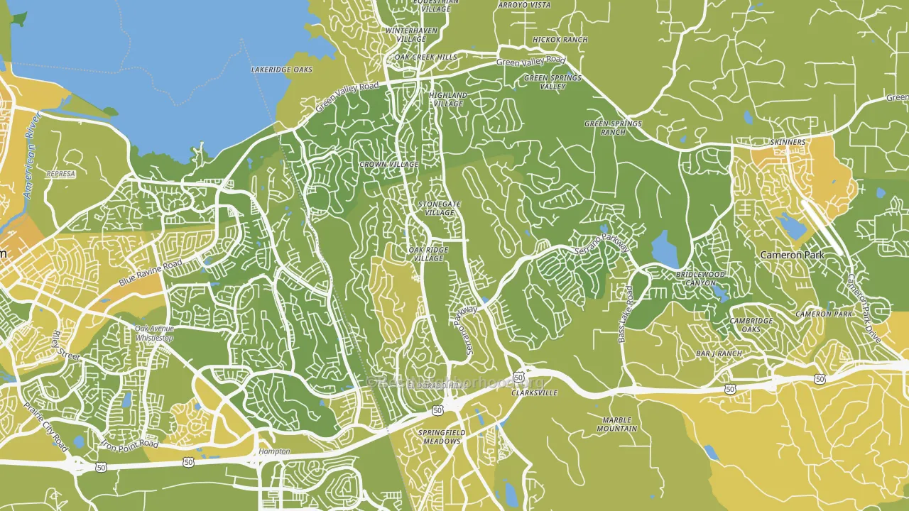 Map of the best neighborhoods in the El Dorado Hills area, with better matches in green and worse matches in red
