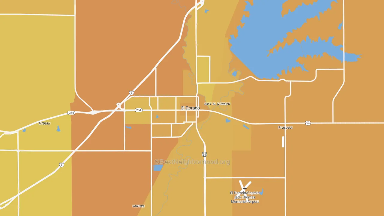 Map of the best neighborhoods in the El Dorado area, with better matches in green and worse matches in red
