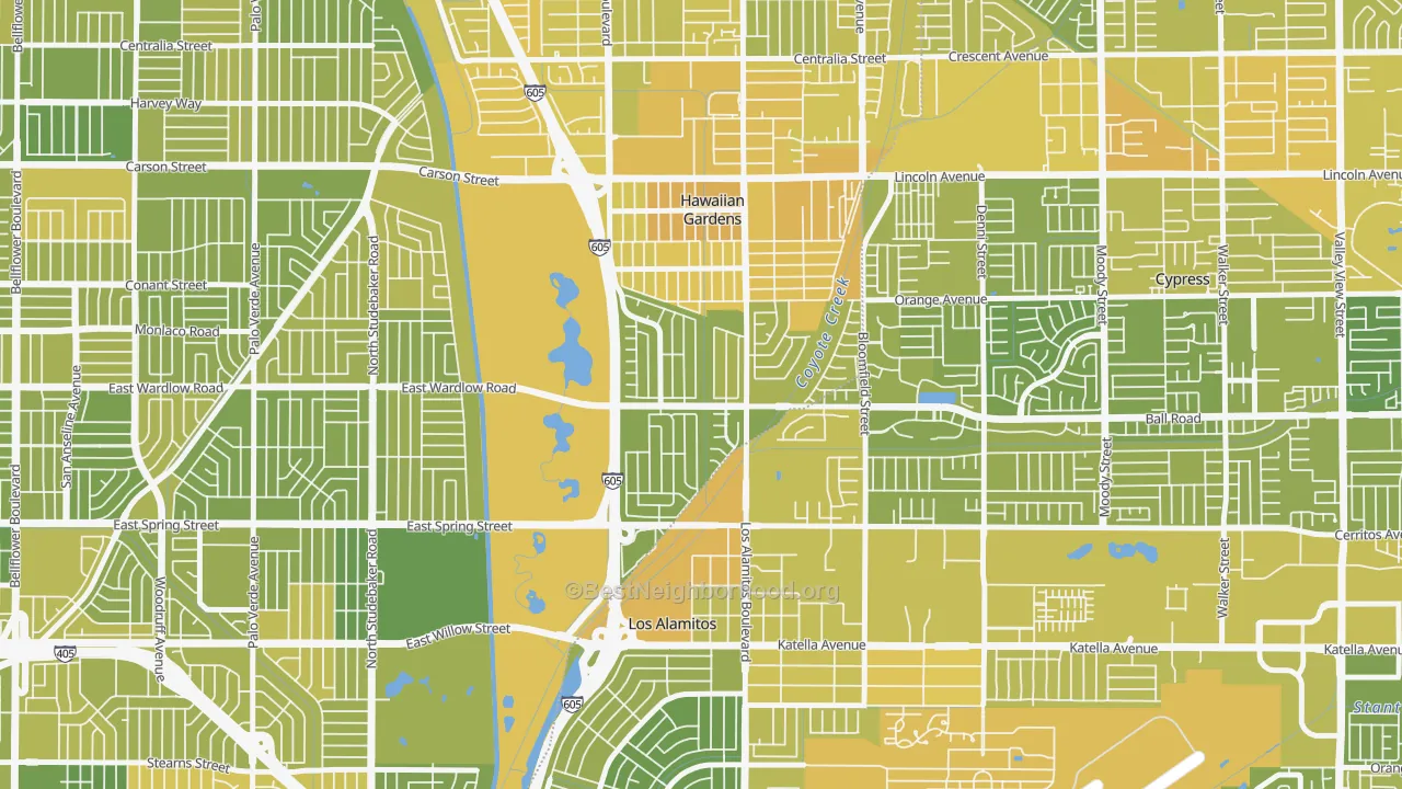 Map of the best neighborhoods in the El Dorado Park, Long Beach area, with better matches in green and worse matches in red
