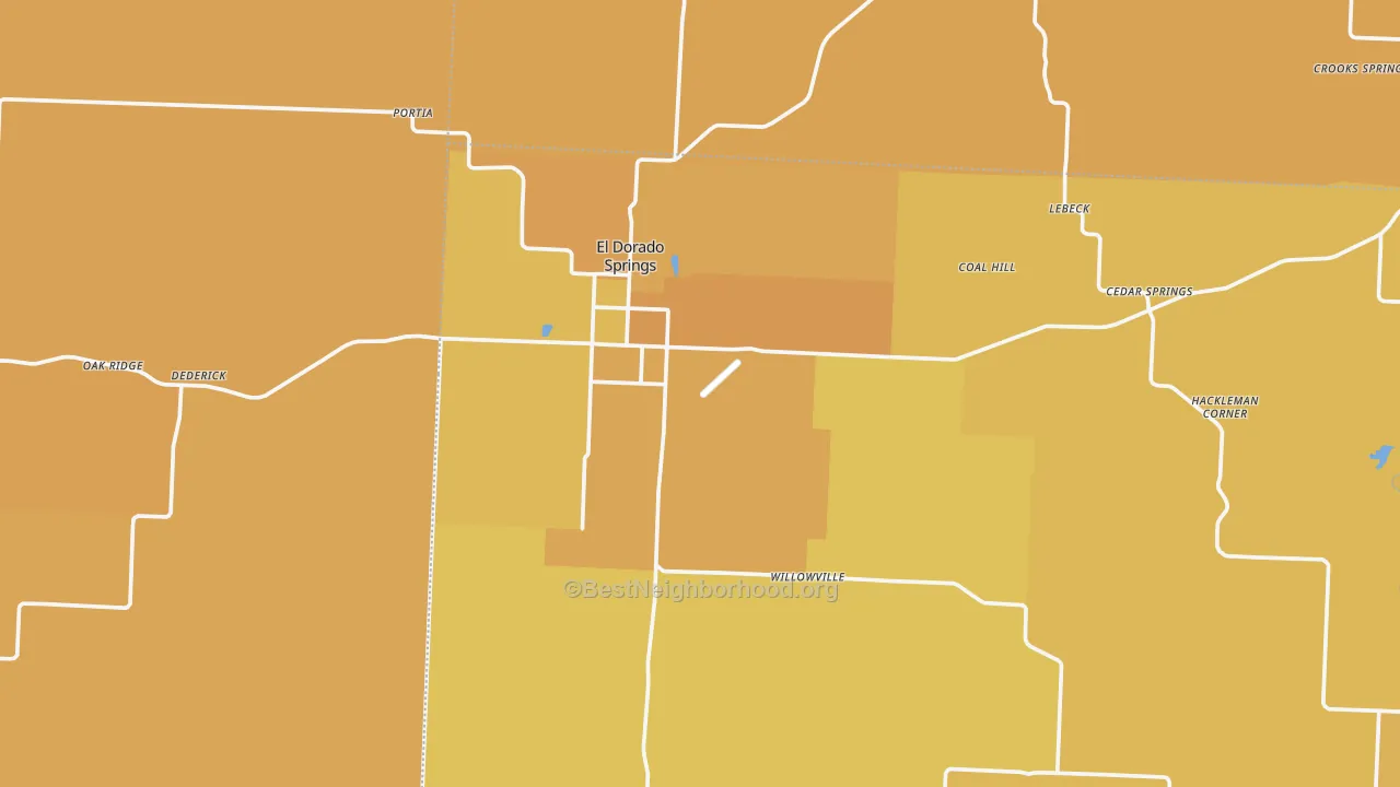 Map of the best neighborhoods in the El Dorado Springs area, with better matches in green and worse matches in red