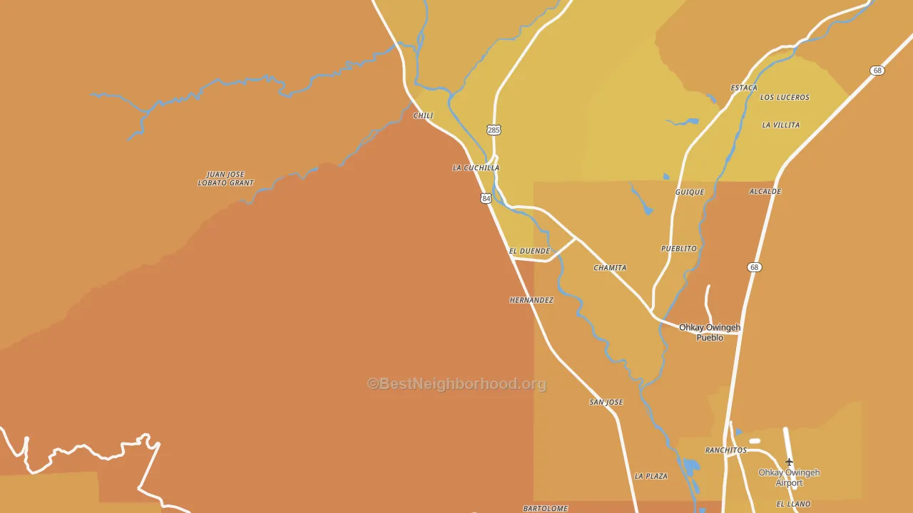 Map of the best neighborhoods in the El Duende area, with better matches in green and worse matches in red
