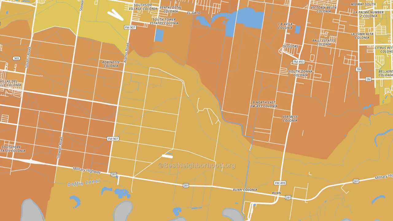 Map of the best neighborhoods in the El Gato area, with better matches in green and worse matches in red