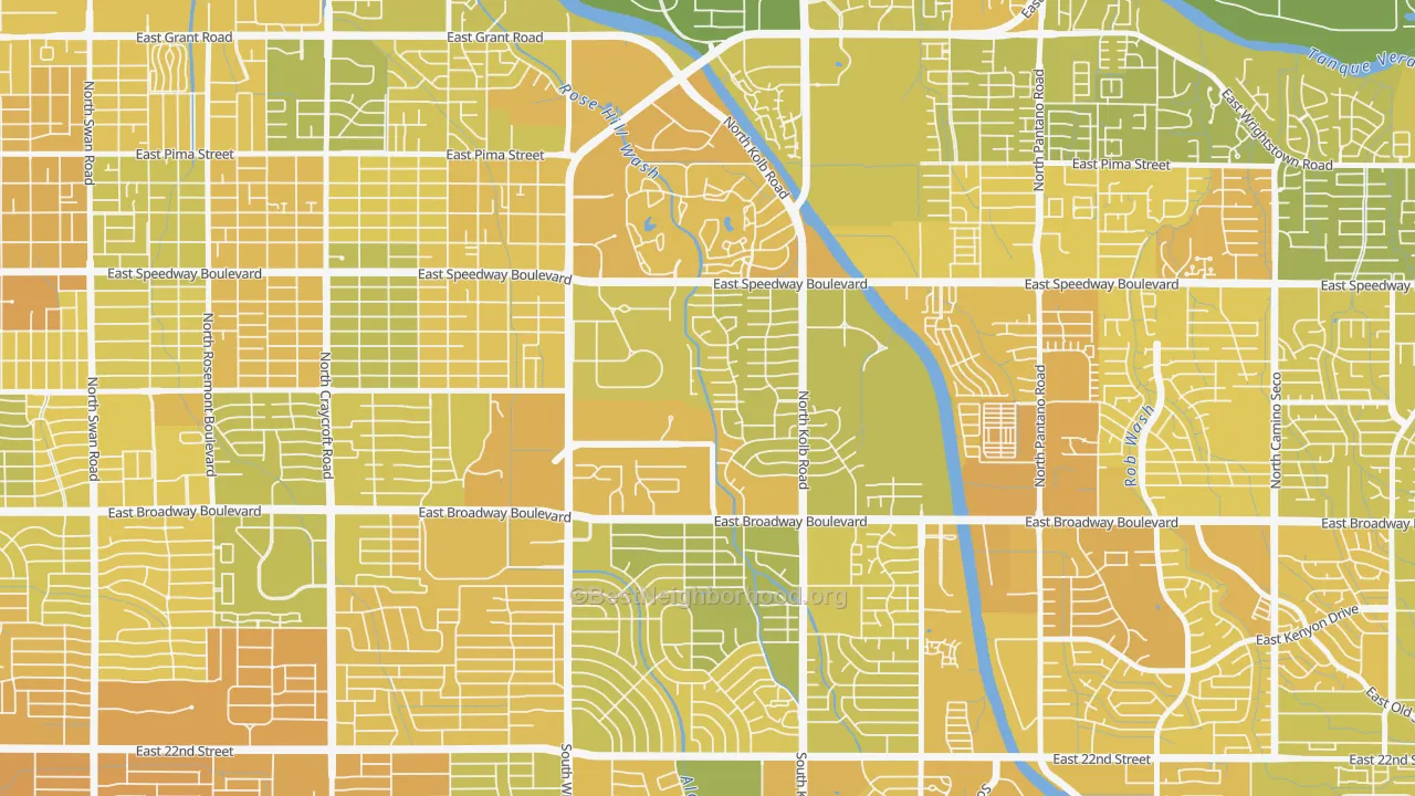 Map of the best neighborhoods in the El Gheko, Tucson area, with better matches in green and worse matches in red