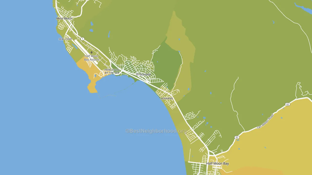 Map of the best neighborhoods in the El Granada area, with better matches in green and worse matches in red