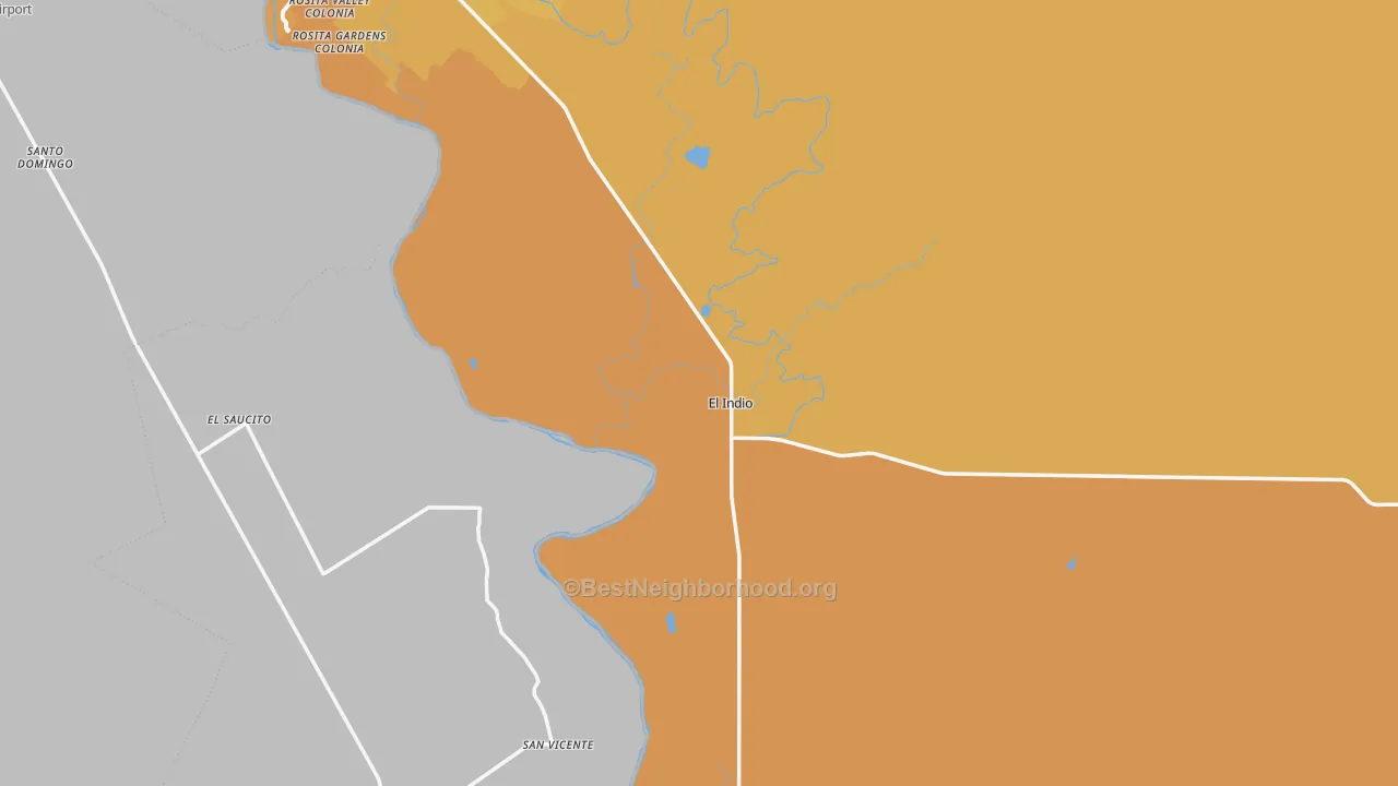 Map of the best neighborhoods in the El Indio area, with better matches in green and worse matches in red