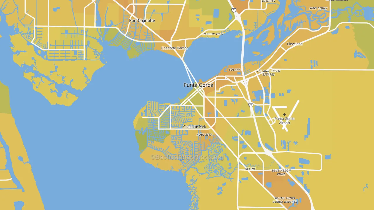 Map of the best neighborhoods in the El Jobean area, with better matches in green and worse matches in red
