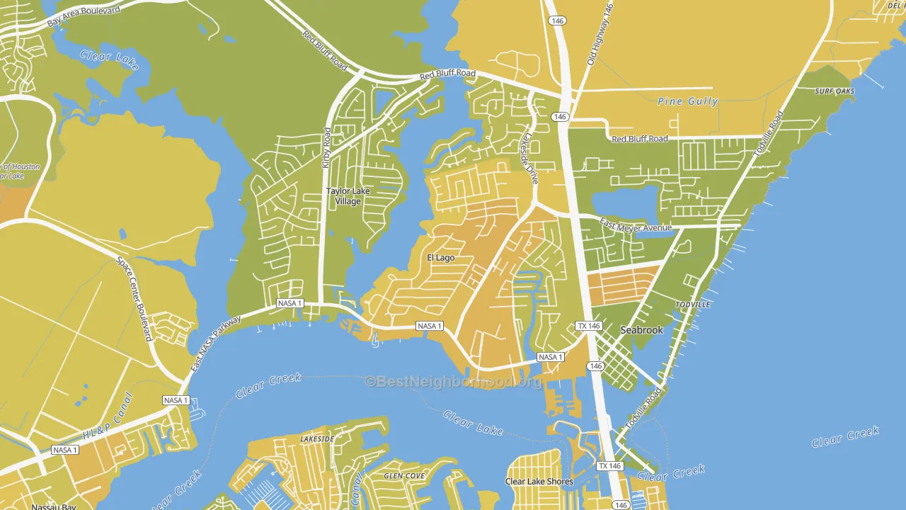 Map of the best neighborhoods in the El Lago area, with better matches in green and worse matches in red