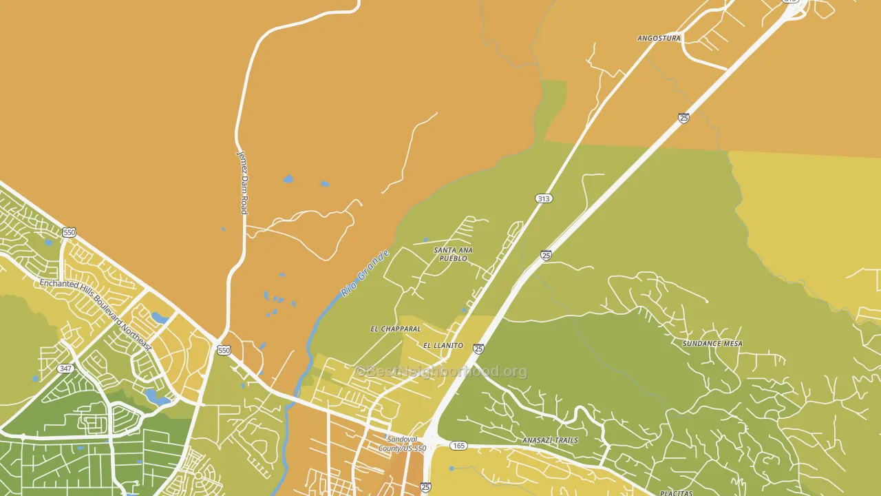 Map of the best neighborhoods in the El Llanito area, with better matches in green and worse matches in red