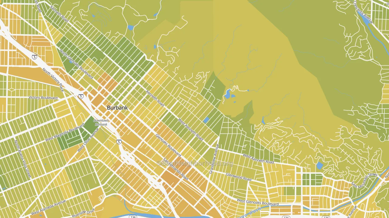 Map of the best neighborhoods in the El Miradero, Glendale area, with better matches in green and worse matches in red