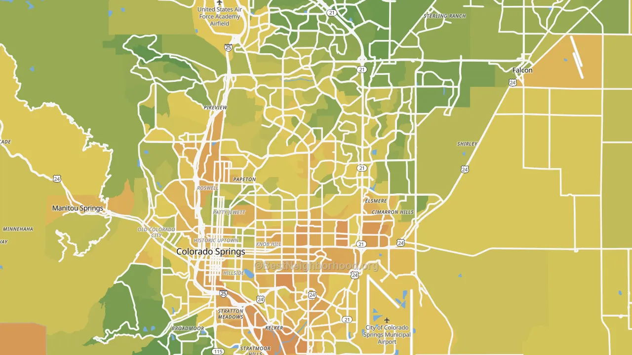 Map of the best neighborhoods in the El Paso County area, with better matches in green and worse matches in red