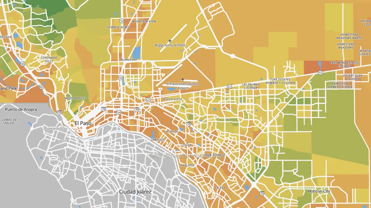Map of the best neighborhoods in the El Paso County area, with better matches in green and worse matches in red