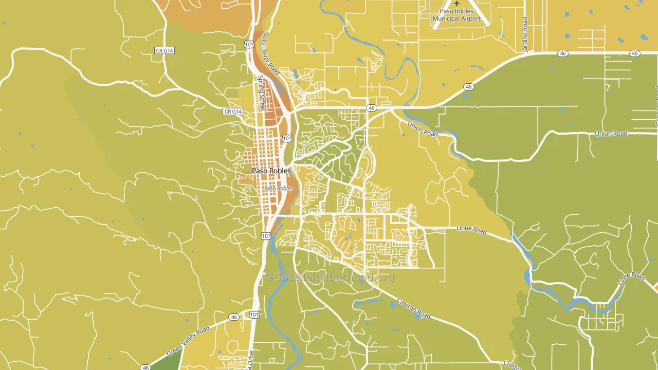 Map of the best neighborhoods in the El Paso de Robles area, with better matches in green and worse matches in red