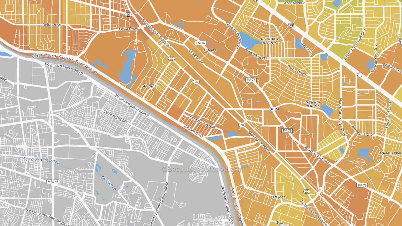 Map of the best neighborhoods in the El Paso Lower Valley, El Paso area, with better matches in green and worse matches in red