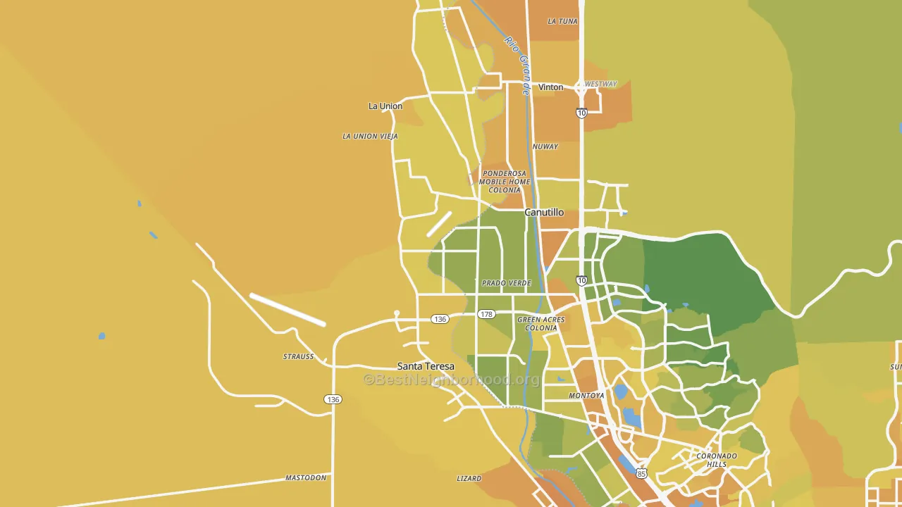 Map of the best neighborhoods in the El Paso area, with better matches in green and worse matches in red